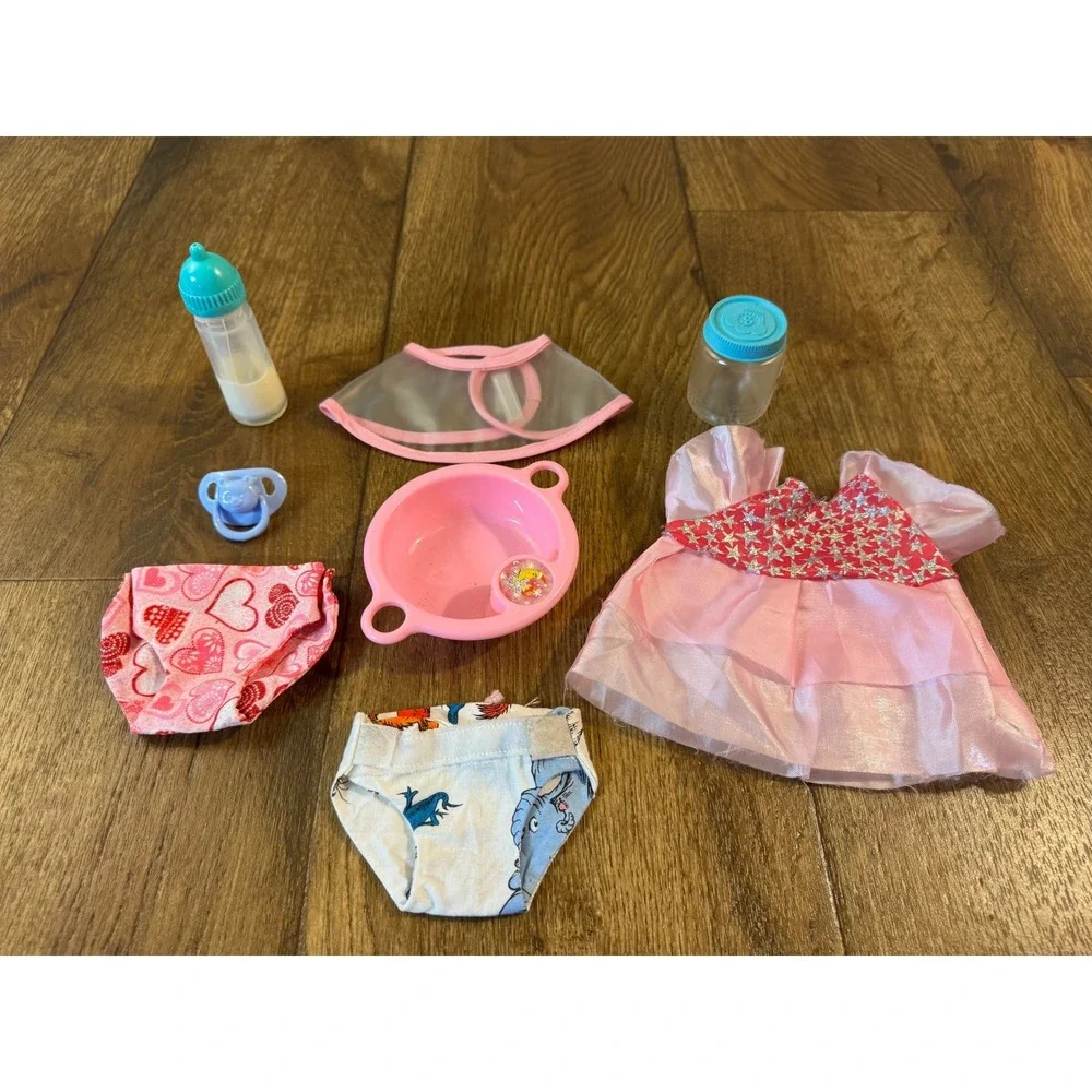 Doll Accessories Lot Pink Dress Diapers Disappearing Milk Bottle Pacifier Bundle